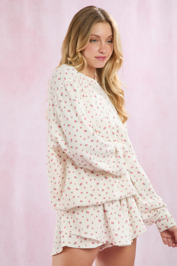 Ivory Floral Ribbed Knit Oversized Pullover Top