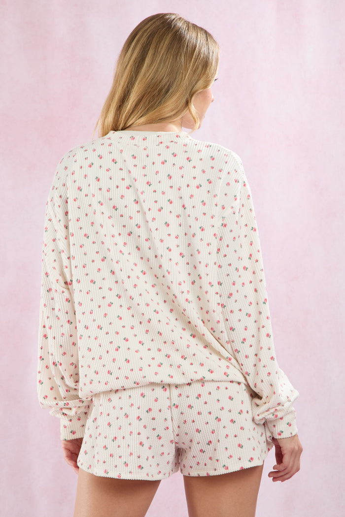 Ivory Floral Ribbed Knit Oversized Pullover Top