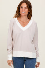 Beige Colorblock V-Neck Maternity Pullover Top