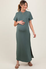 Light Olive Basic Side Slit Short Sleeve Maternity Midi Dress