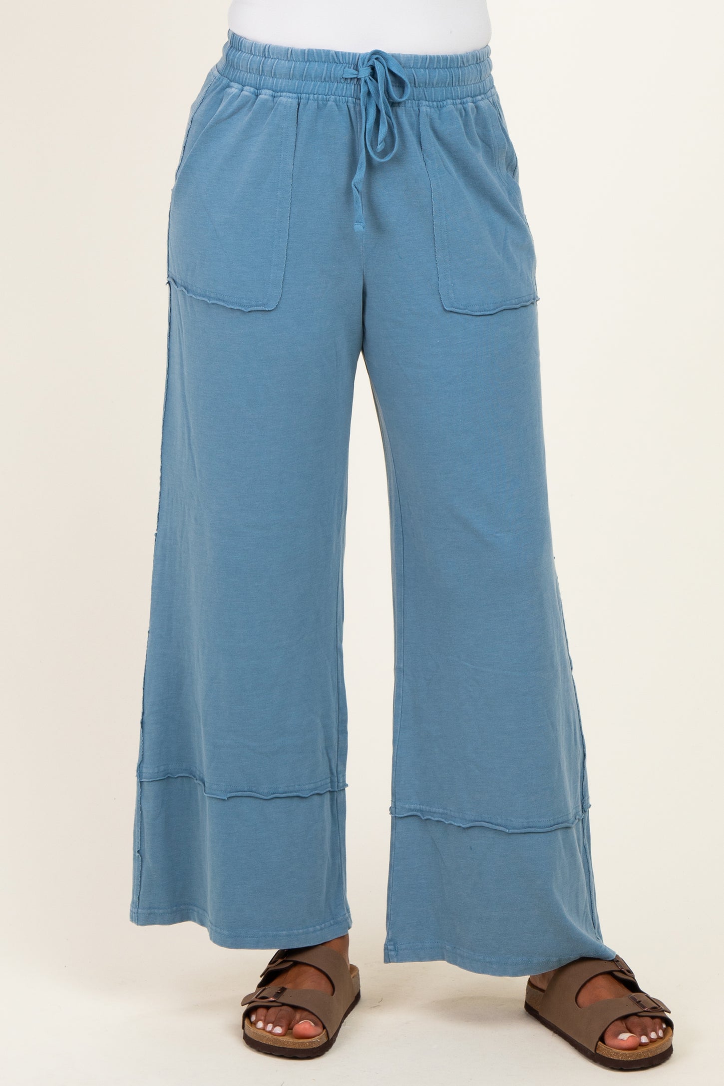 Blue Mineral Wash Wide Leg Ankle Pants