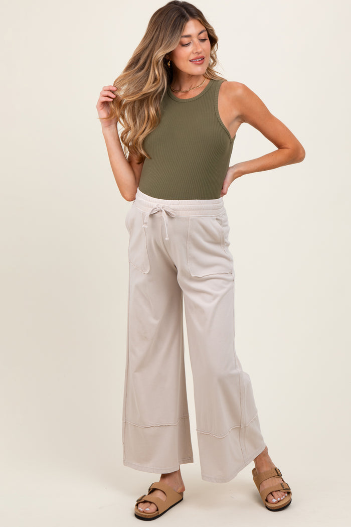 Cream Mineral Wash Wide Leg Ankle Maternity Pants