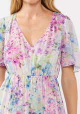 woman wearing a floral print dress in pastel colors with a deep v-neck and flutter sleeves