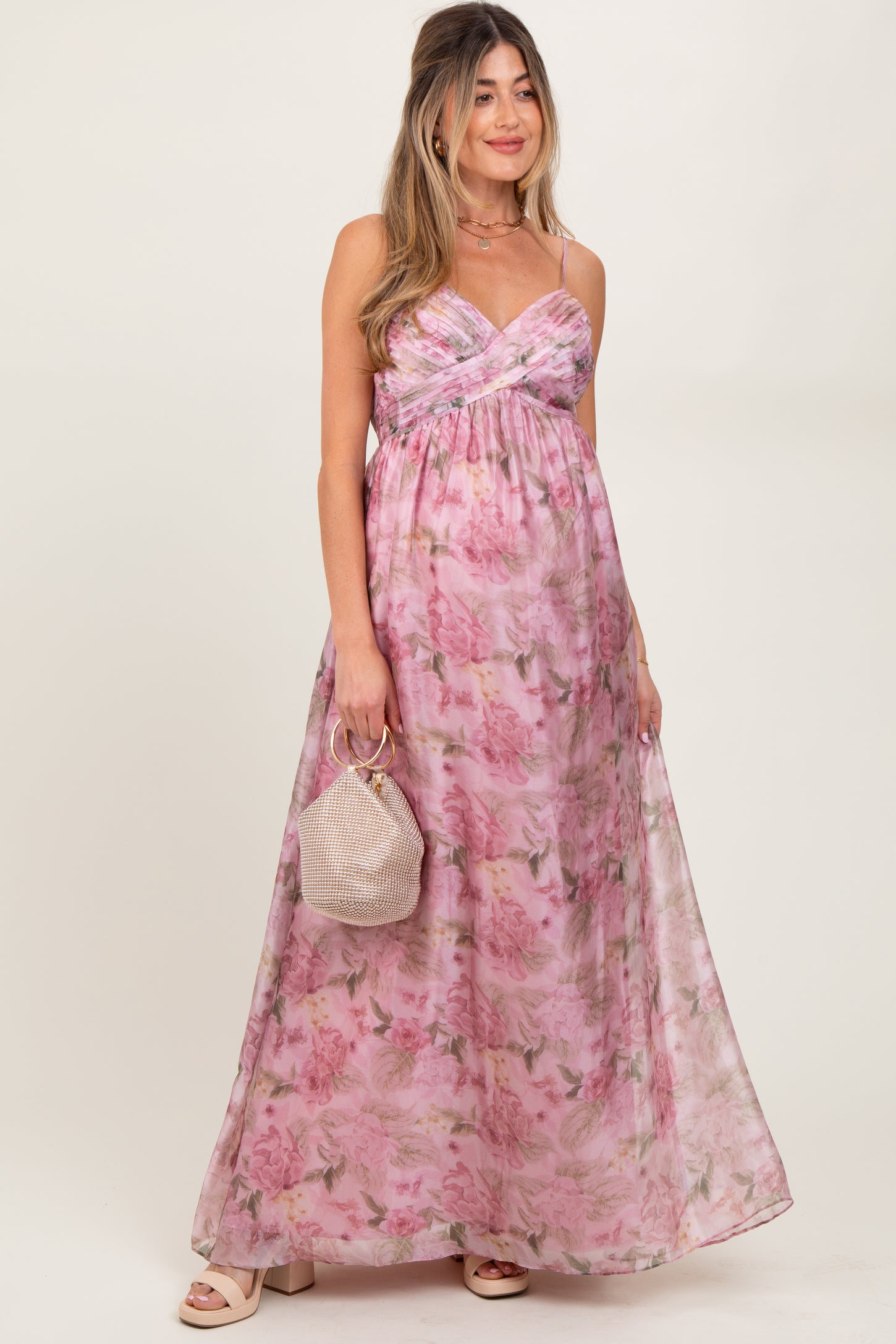 Pink Multi Floral Print Sleeveless Maternity Maxi Dress