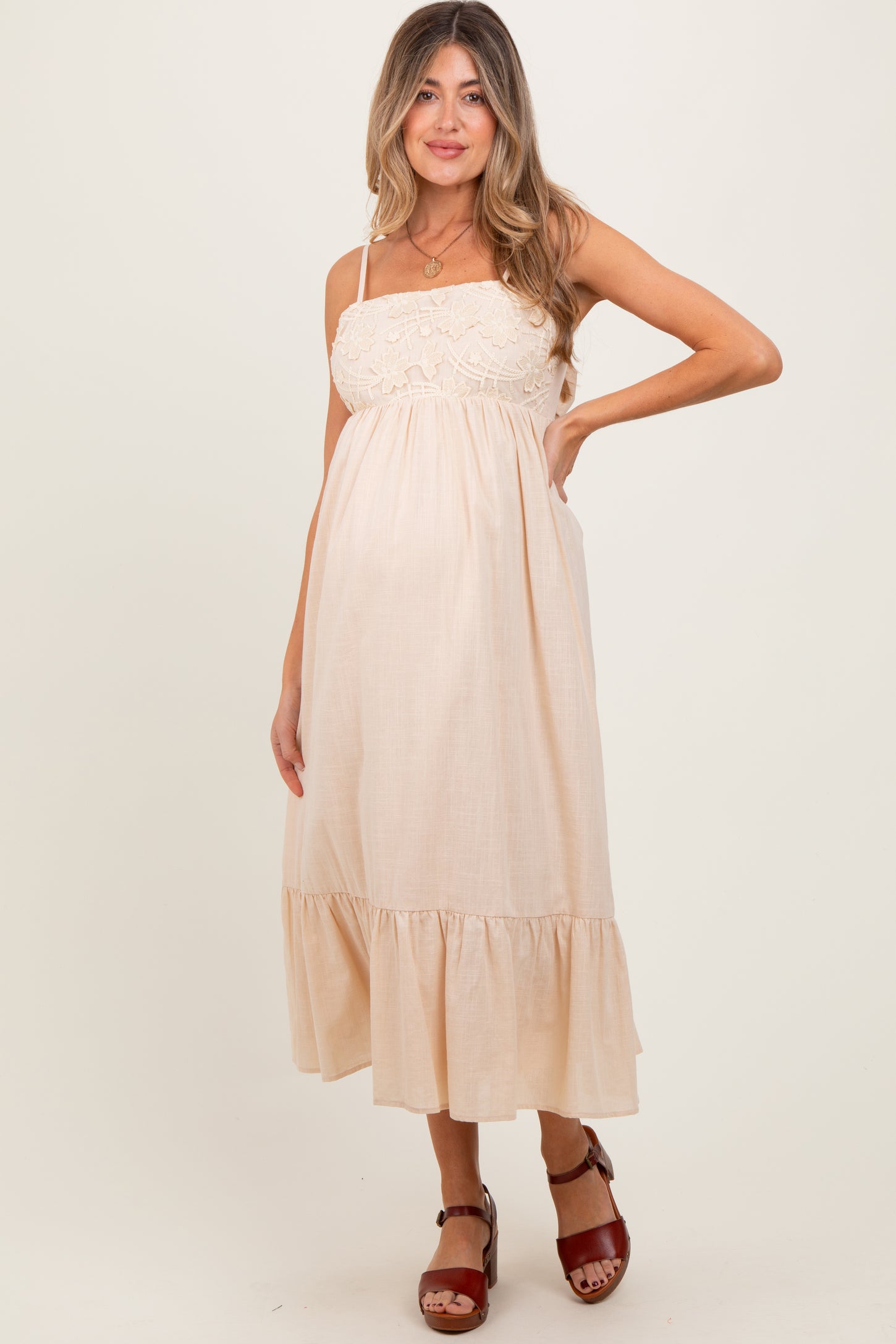 Beige Floral Embroidery Back Ribbon Maternity Midi Dress