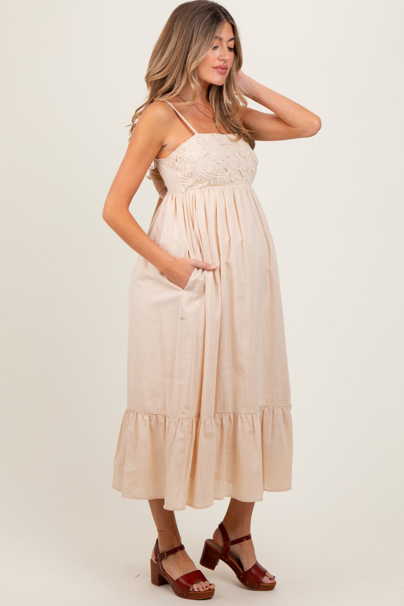 Beige Floral Embroidery Back Ribbon Maternity Midi Dress
