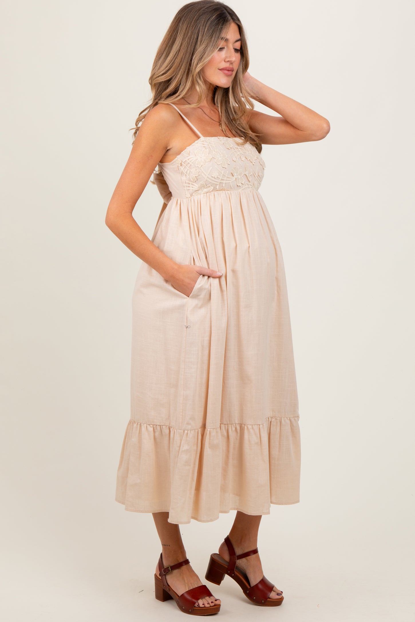 Beige Floral Embroidery Back Ribbon Maternity Midi Dress