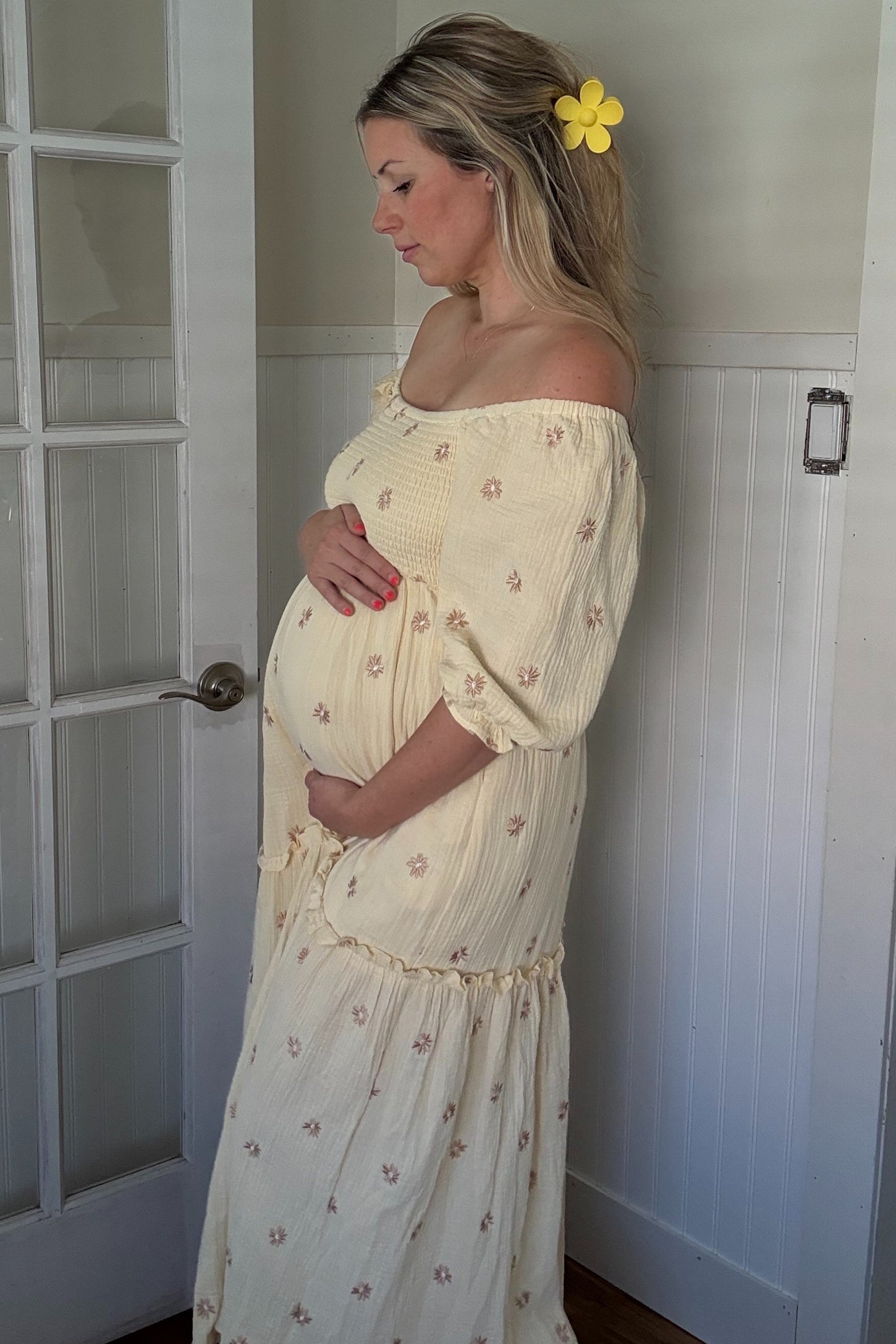 Cream Floral Smocked Puff Sleeve Maternity Maxi Dress