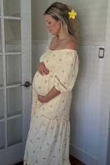 Cream Floral Smocked Puff Sleeve Maternity Maxi Dress