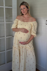 Cream Floral Smocked Puff Sleeve Maternity Maxi Dress