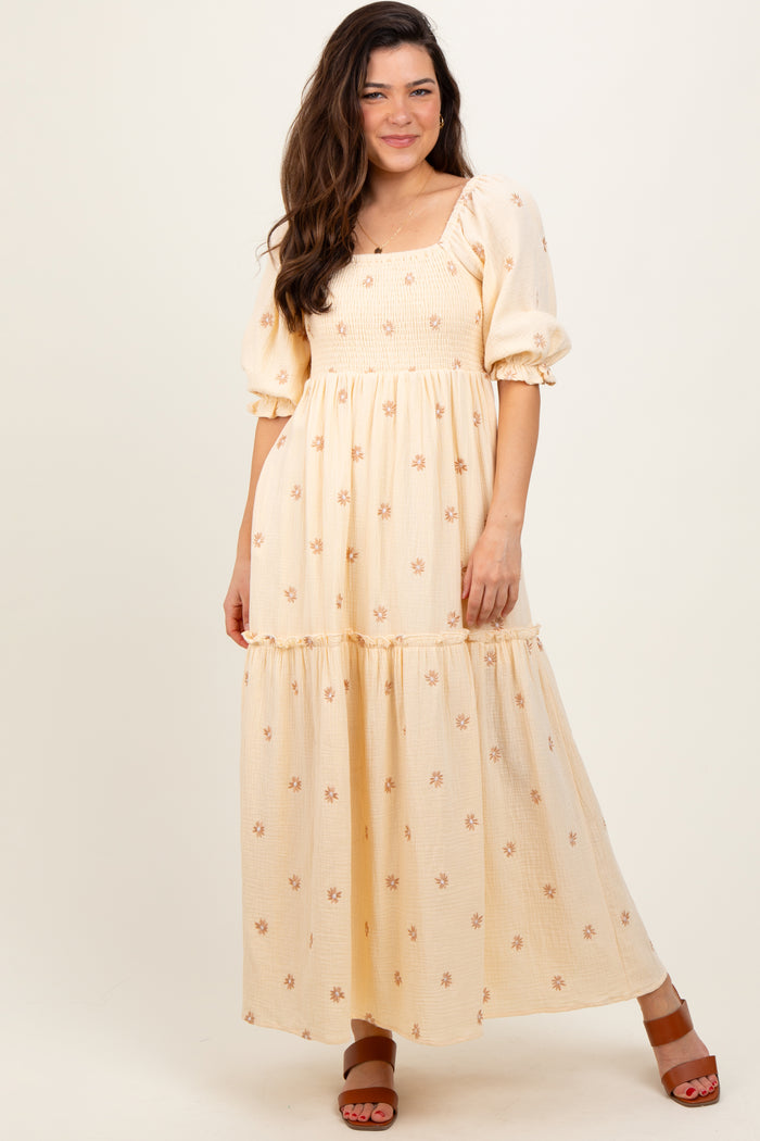 Cream Floral Smocked Puff Sleeve Maternity Maxi Dress