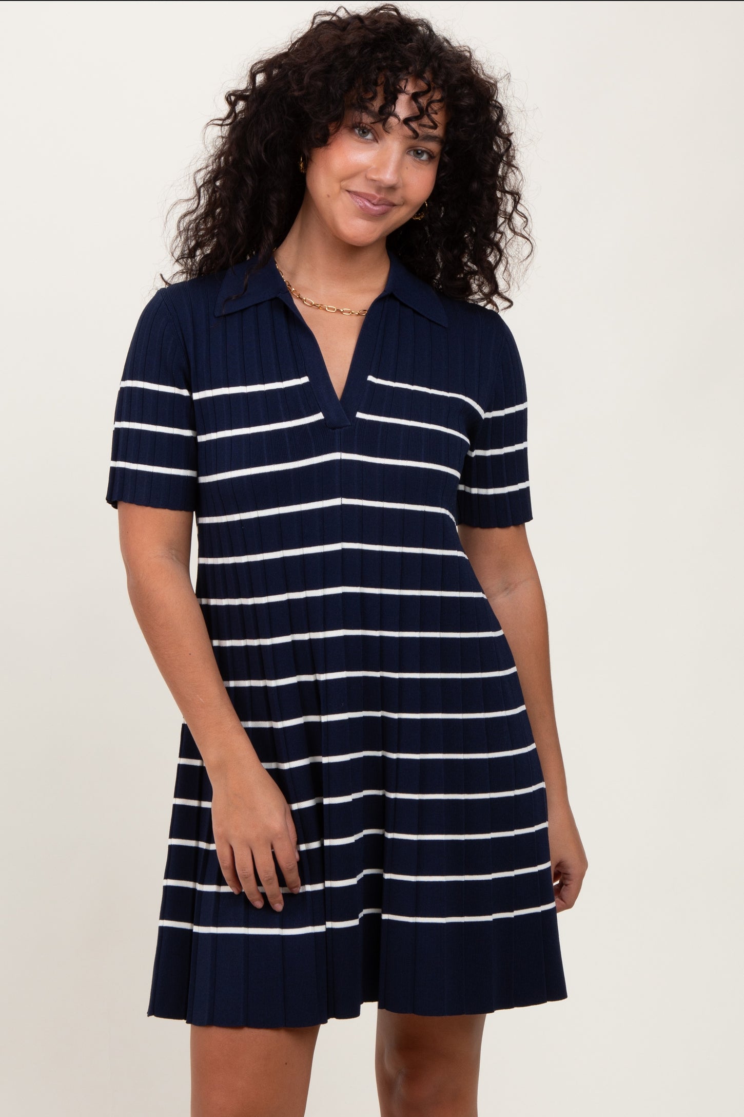 Navy Striped Knit Collared Pleated Maternity Dress