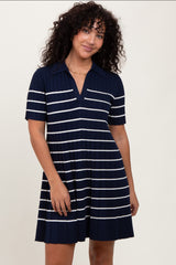 Navy Striped Knit Collared Pleated Maternity Dress