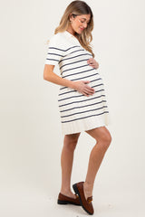 White Striped Knit Collared Pleated Maternity Dress
