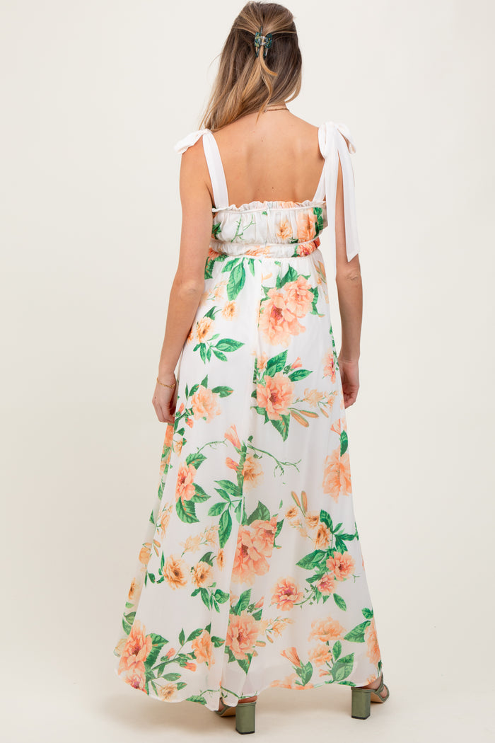 Peach Tropical Floral Shoulder Tie Maternity Maxi Dress