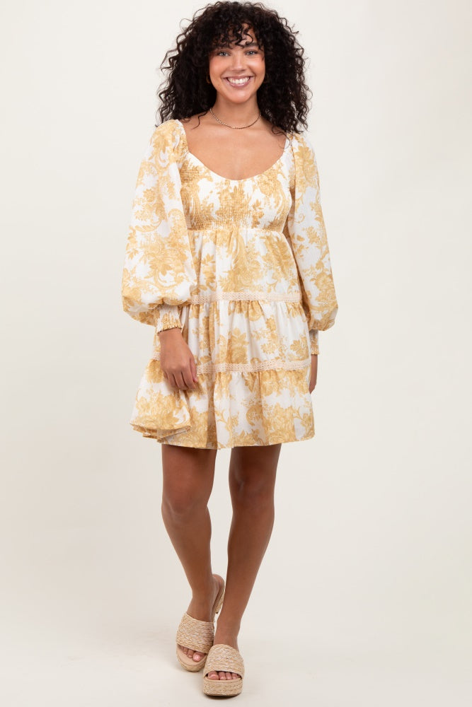 Yellow Floral Smocked Bubble Sleeve Tiered Maternity Dress