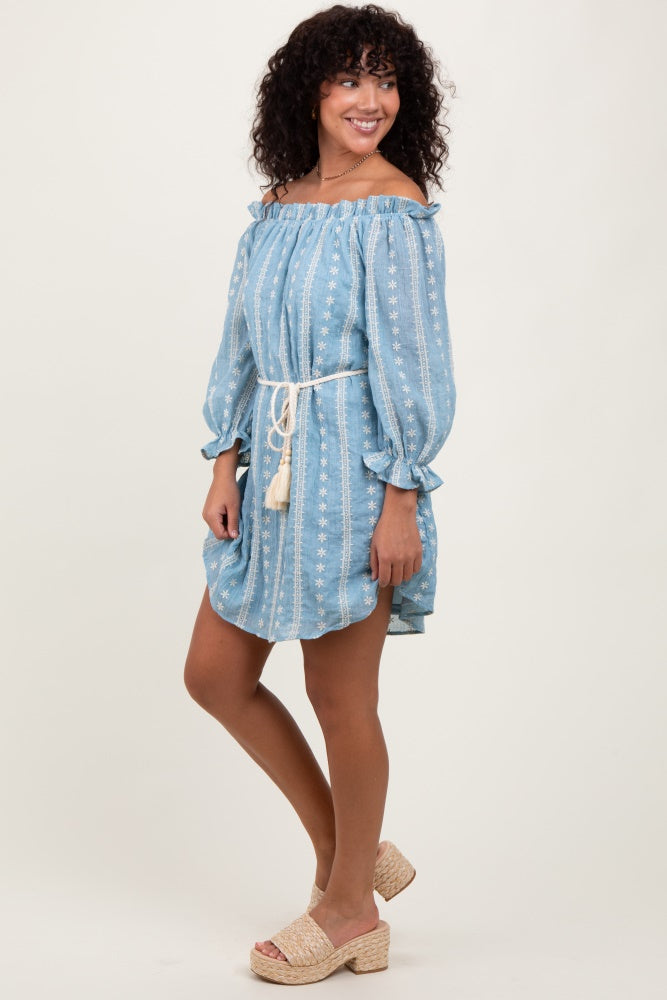 Light Blue Embroidered Off Shoulder Dress