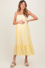 Yellow Embroidered Striped Colorblock Maternity Midi Dress