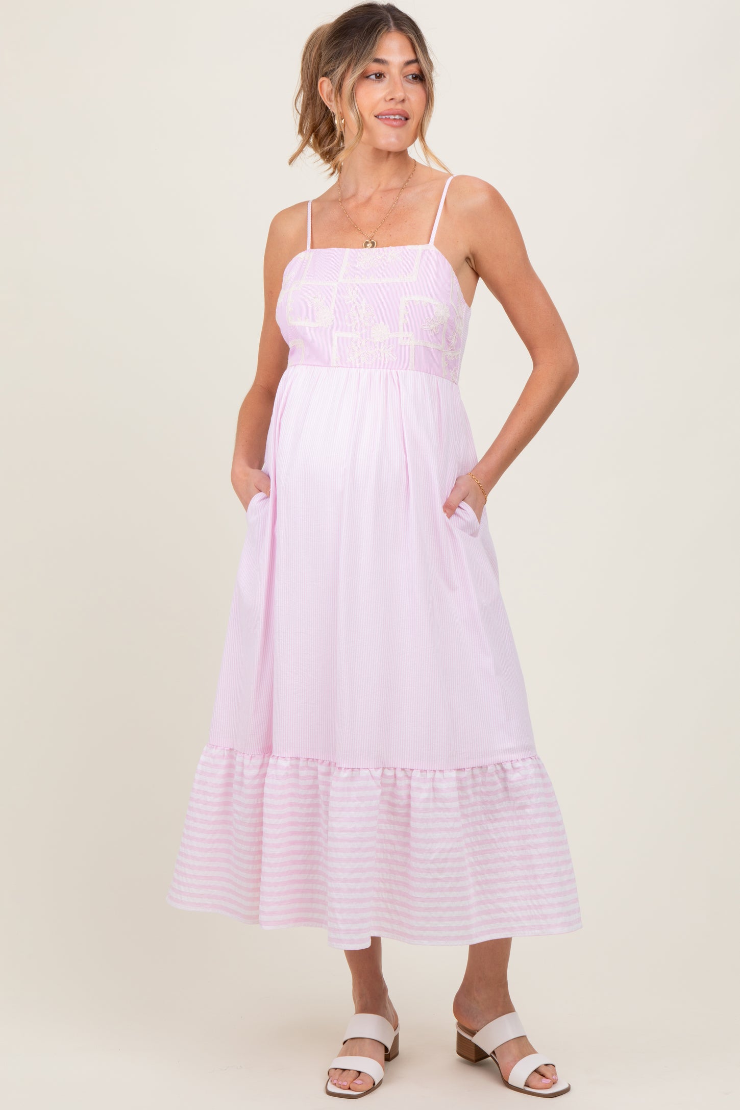Light Pink Embroidered Striped Colorblock Maternity Midi Dress