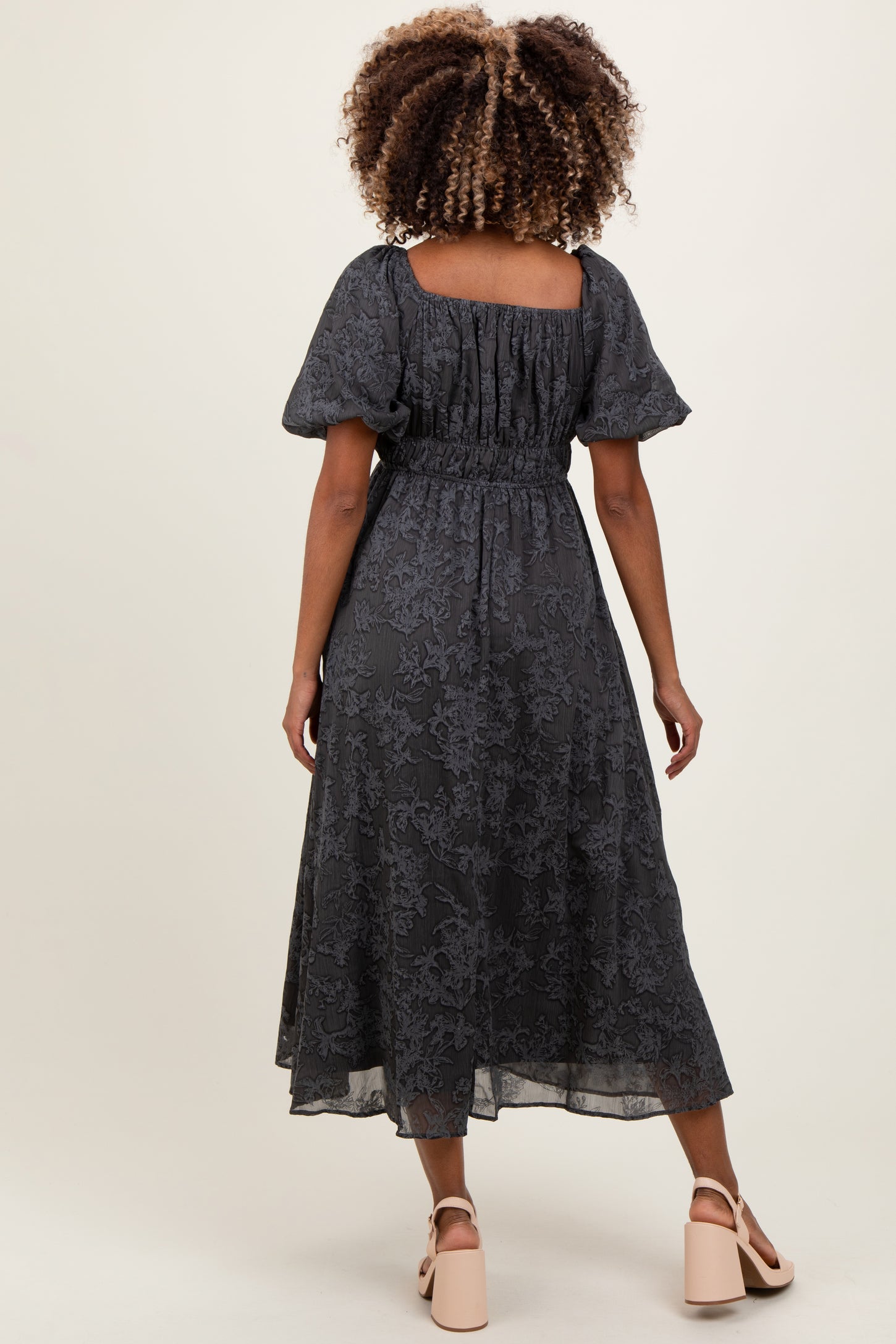 Charcoal Floral Square Neck Bubble Sleeve Maternity Mid Dress