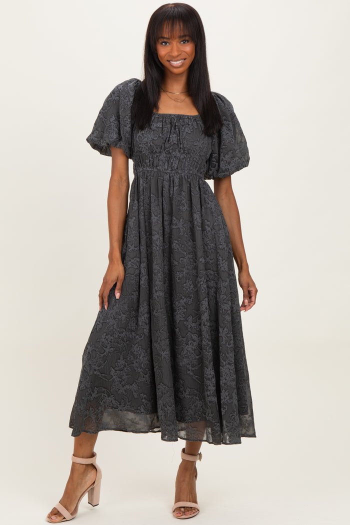 Charcoal Floral Square Neck Bubble Sleeve Maternity Mid Dress