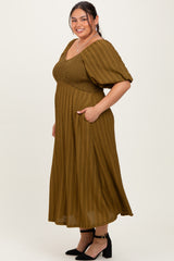 Olive Smocked V-Neck Short Puff Sleeve Textured Plus Midi Dress