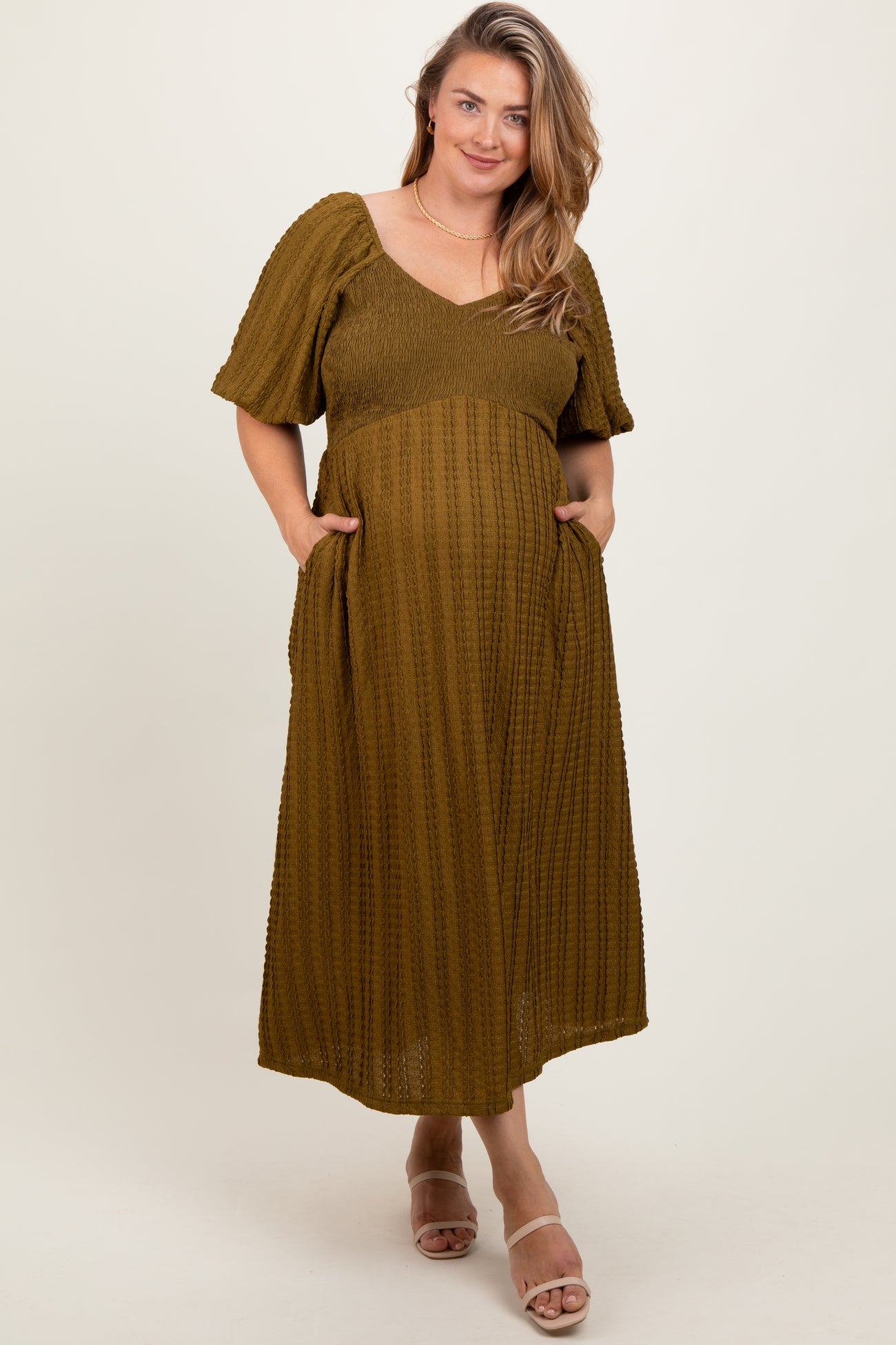 Olive Smocked V-Neck Short Puff Sleeve Textured Maternity Plus Midi Dress