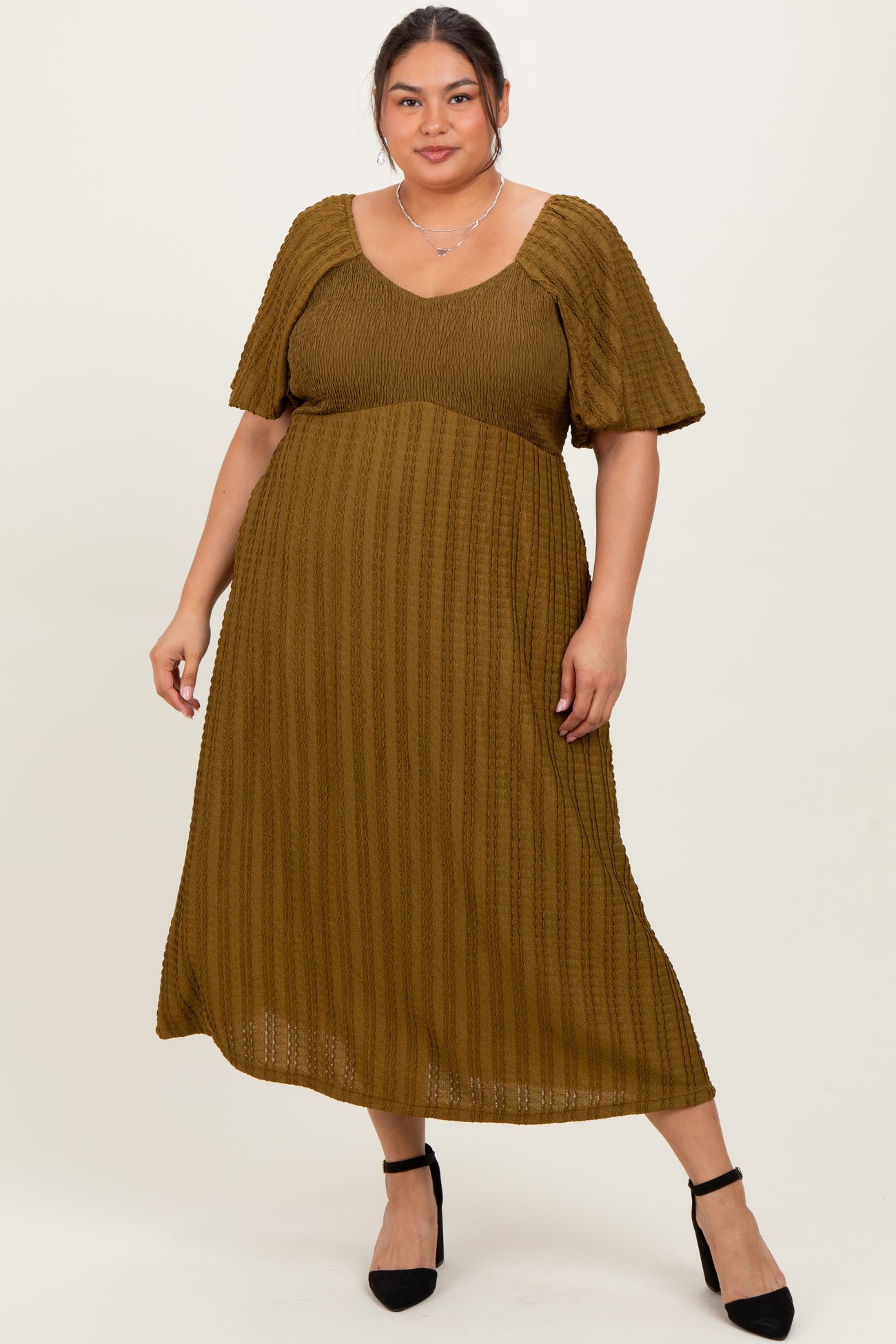 Olive Smocked V-Neck Short Puff Sleeve Textured Plus Midi Dress