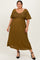Olive Smocked V-Neck Short Puff Sleeve Textured Plus Midi Dress