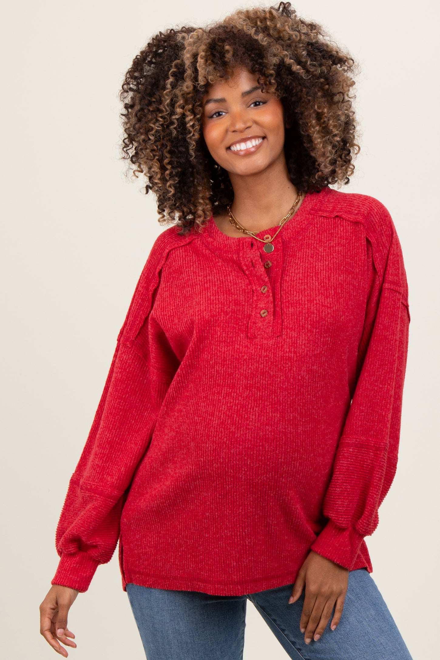 Red Oversized Ribbed Knit Henley Maternity Sweater