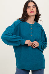 Teal Oversized Ribbed Knit Henley Sweater