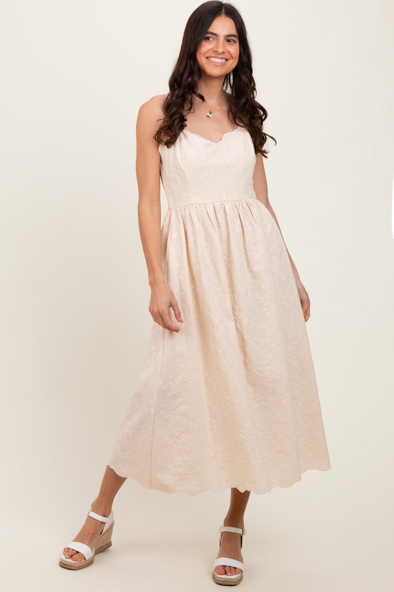 Cream Floral Embroidered Scallop Detail Midi Dress