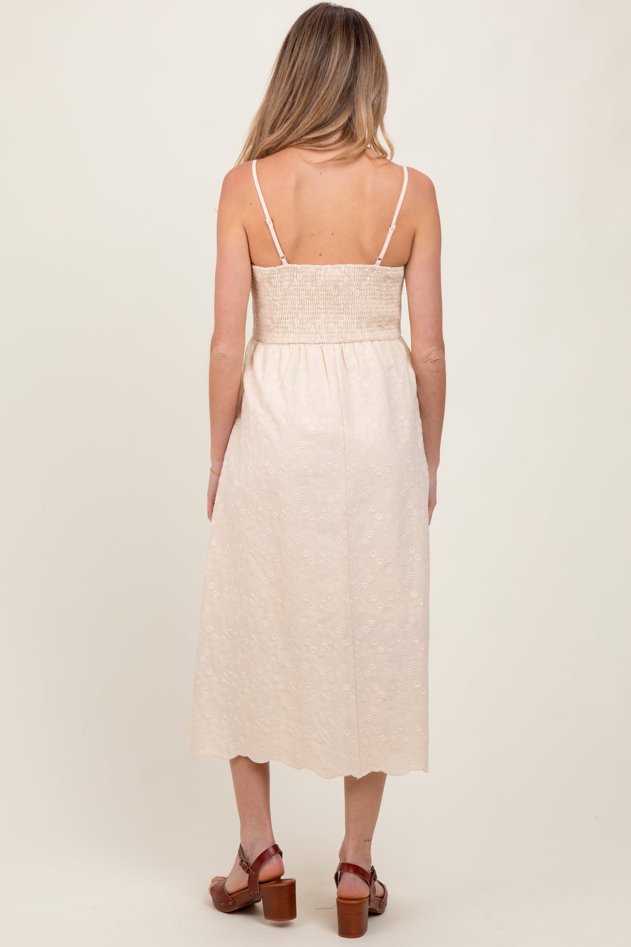 Cream Floral Embroidered Scallop Detail Maternity Midi Dress