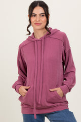 Mauve Ribbed Front Pocket Maternity Drawstring Hoodie
