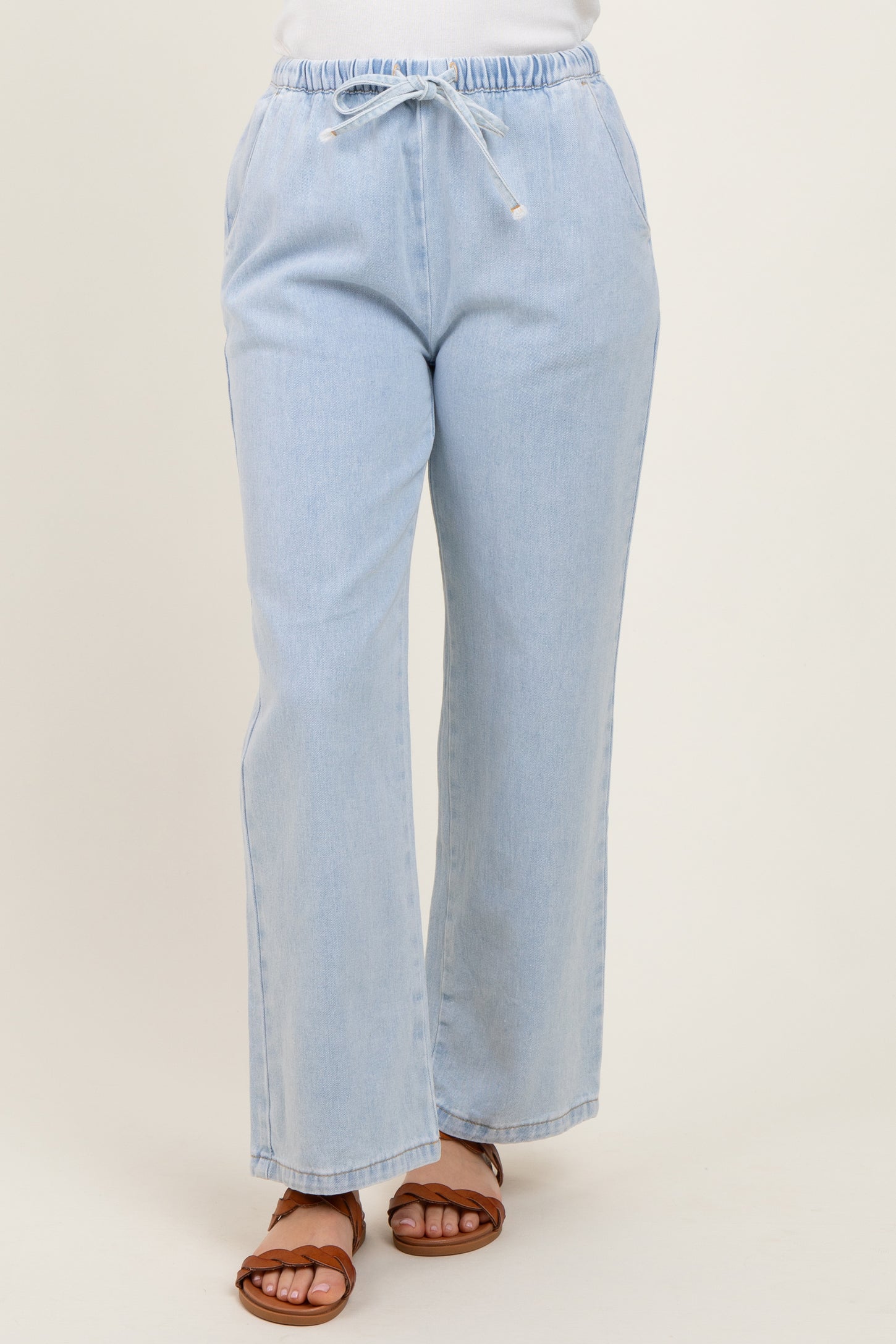 Light Blue Washed Chambray Drawstring Relaxed Fit Pants
