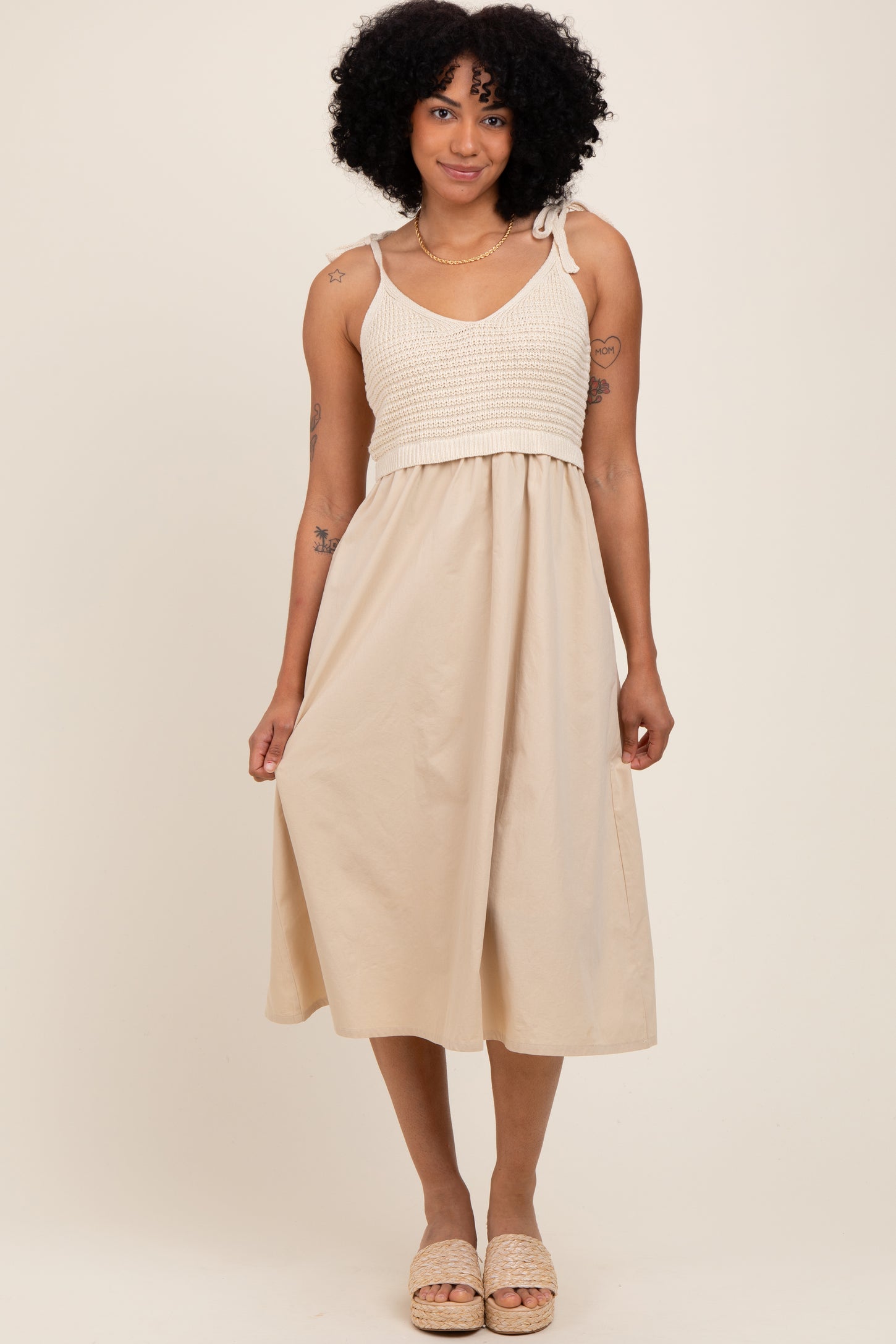 Cream Contrast Knit Bodice Maternity Midi Dress