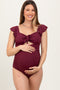 Burgundy Ribbed Front Tie Cutout Ruched Maternity Swimsuit