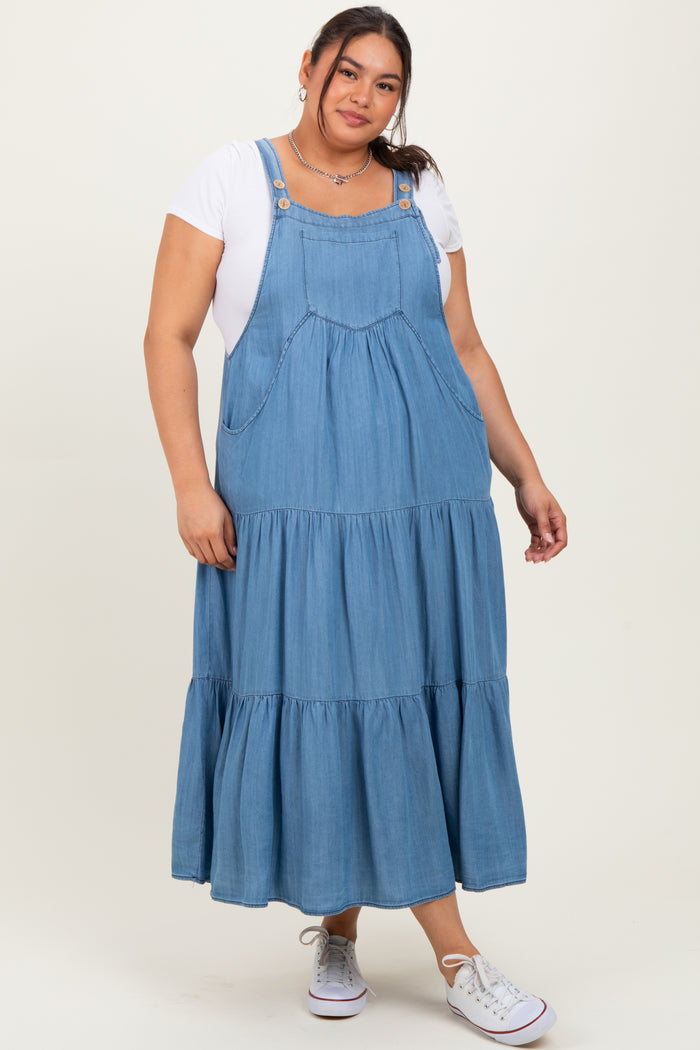 Blue Chambray Overall Tiered Maternity Plus Midi Dress