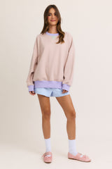 Light Pink Striped Crew Neck Oversized Sweatshirt