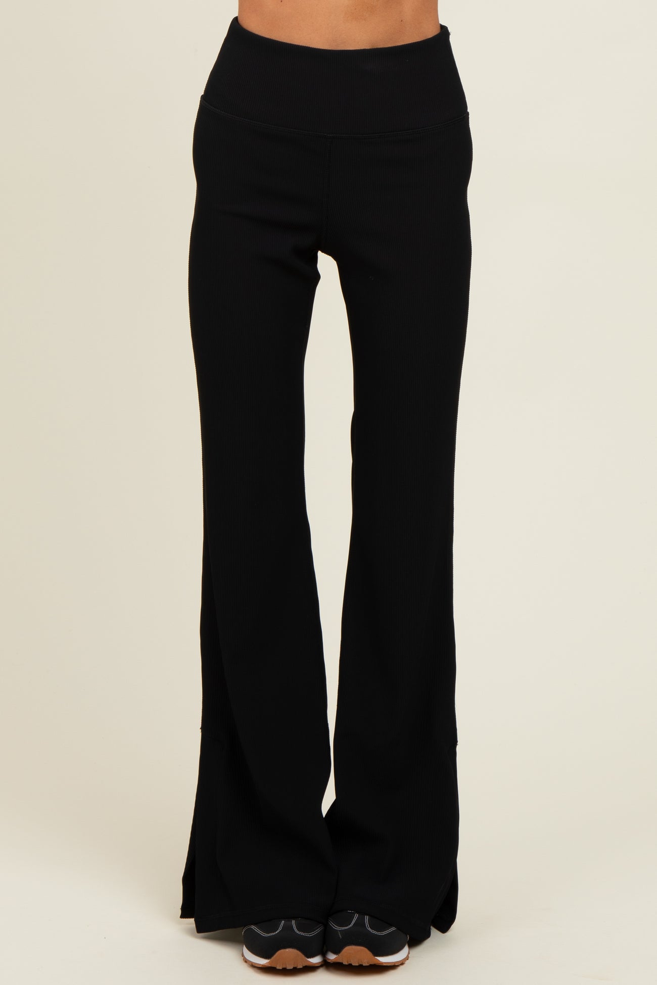 Black Ribbed Split Flare Leggings