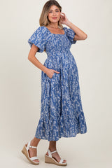 Blue Leaf Print Smocked Maternity Midi Dress