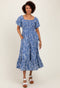 Blue Leaf Print Smocked Midi Dress