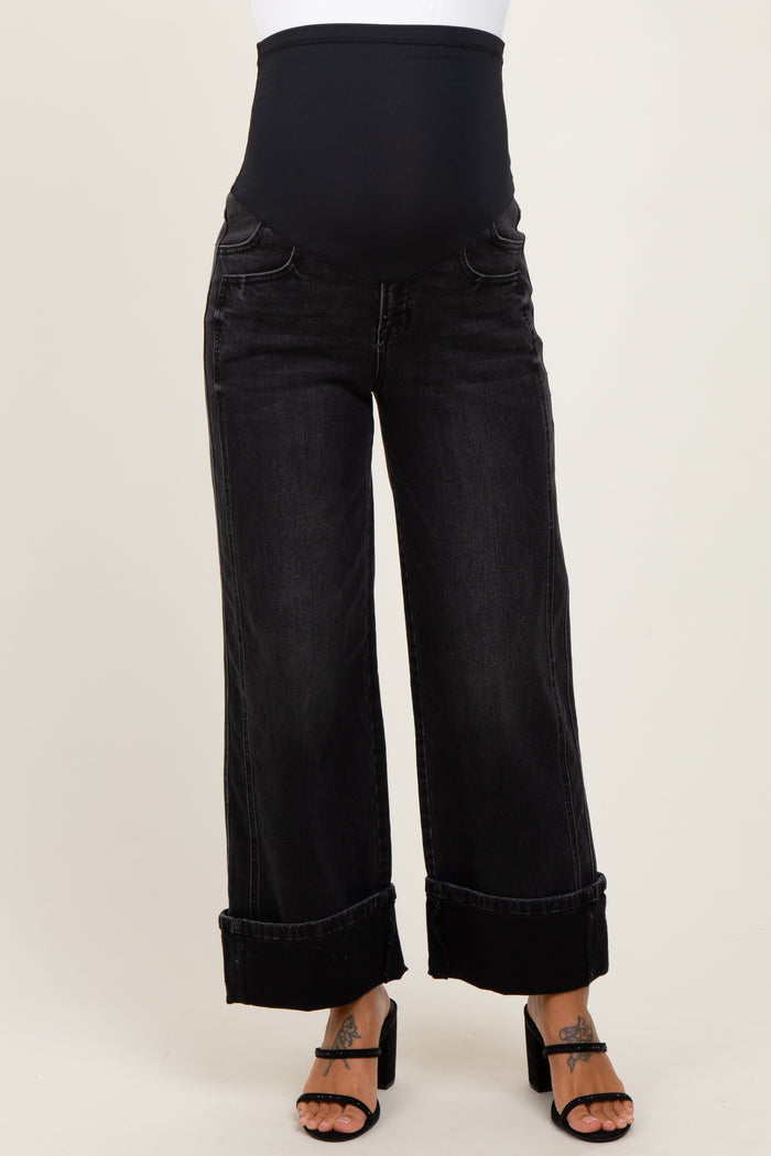 Black Cuffed Relaxed Wide Leg Maternity Jeans