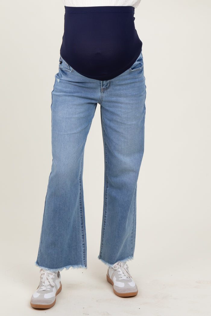 Blue Fringe Hem Wide Leg Maternity Ankle Jeans