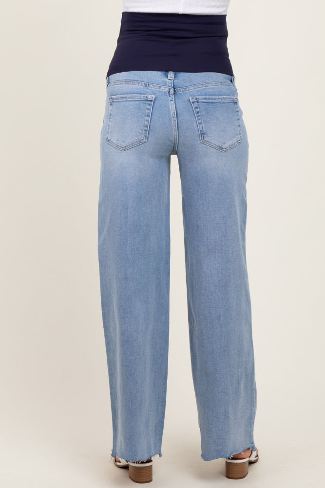maternity wear light blue wide leg jeans with a black elastic waistband, shown from the back