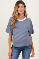 Light Navy Striped Drop Shoulder Short Sleeve Maternity Top