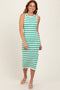 Green Striped Knit Sleeveless Side Slit Midi Dress