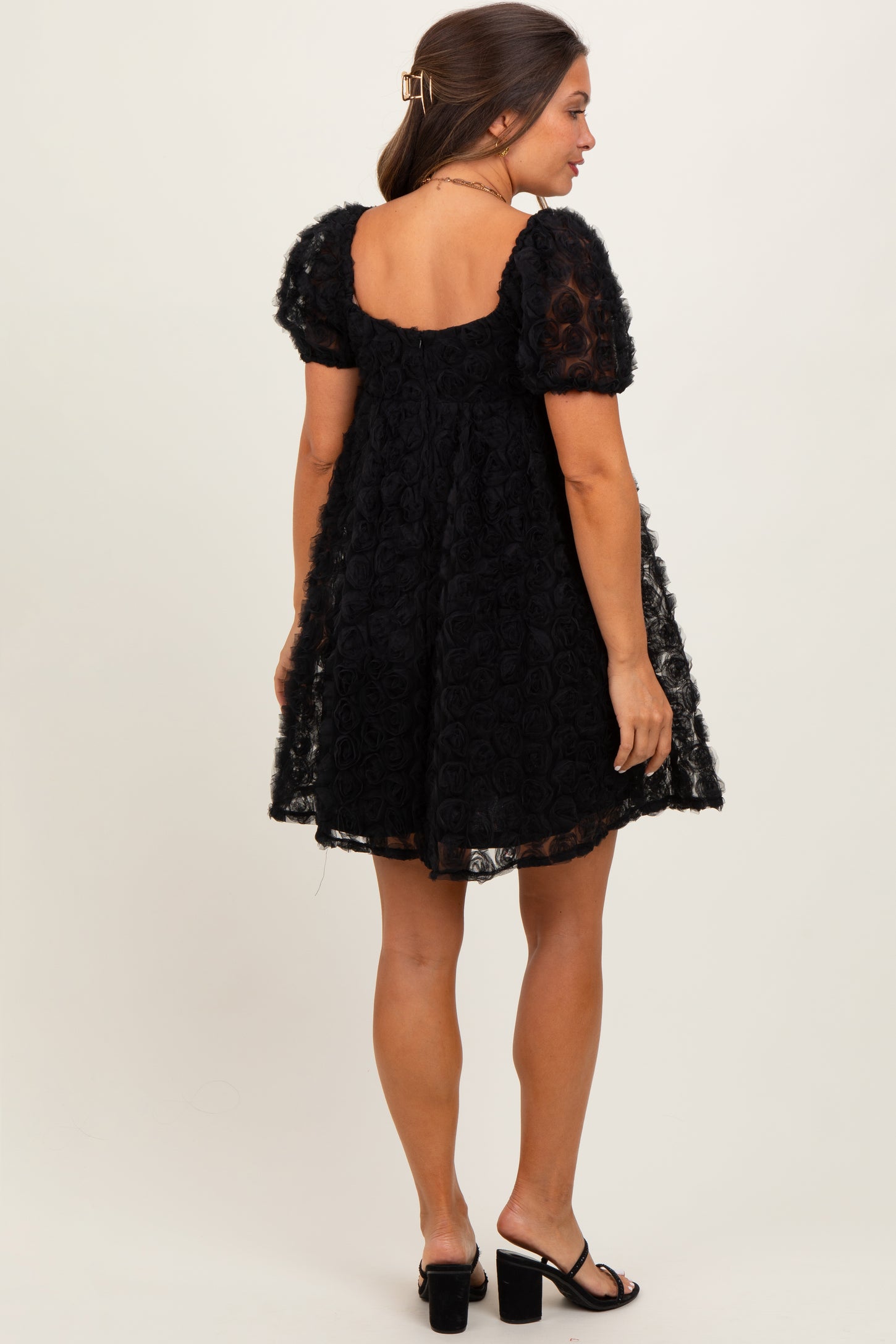 Black Floral Applique Overlay Maternity Dress