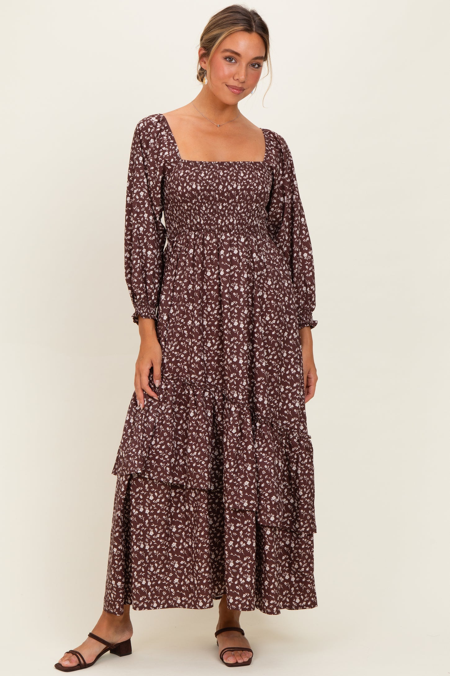 Brown Floral Asymmetrical Ruffle Hem Maternity Maxi Dress