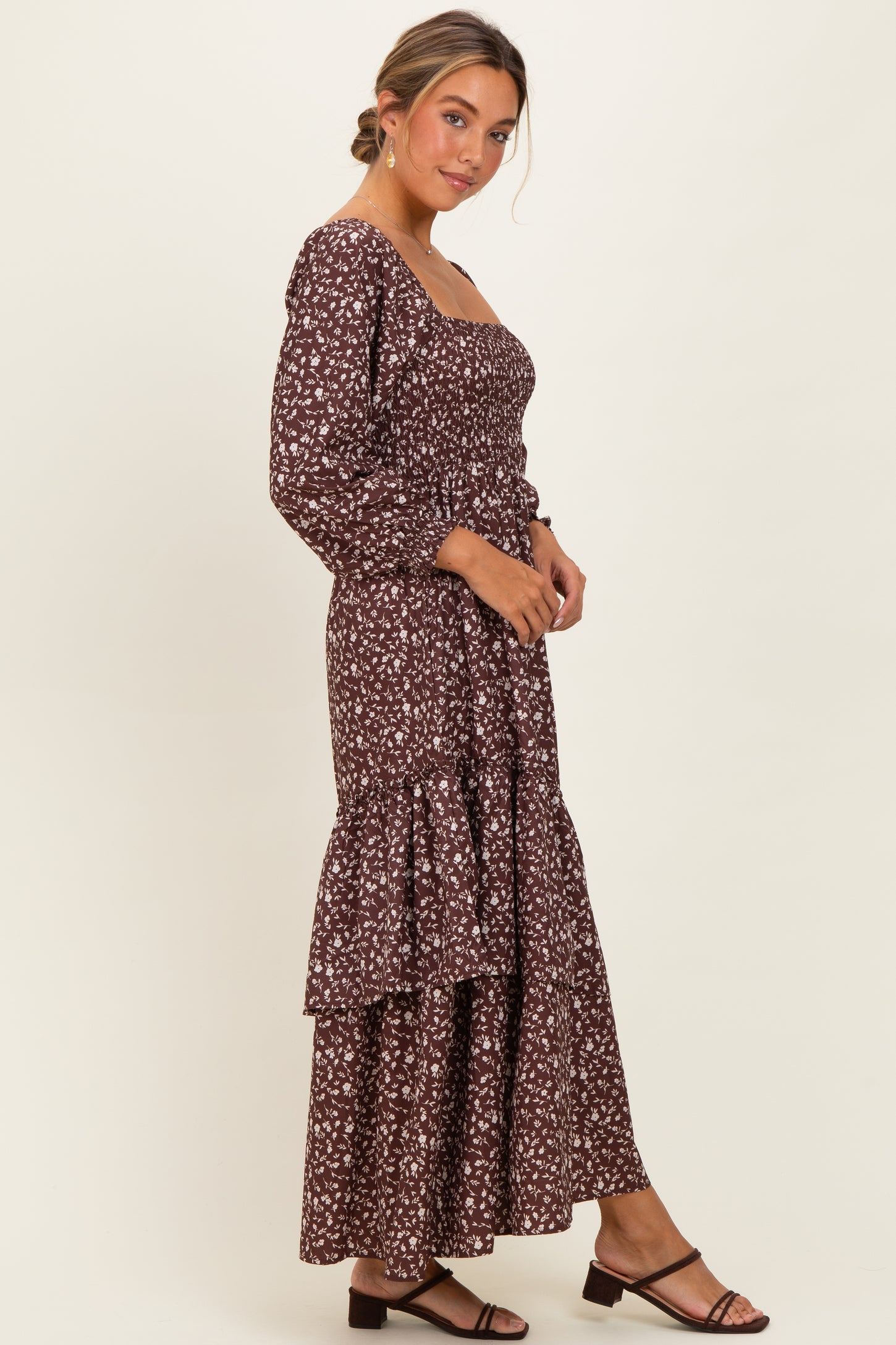 Brown Floral Asymmetrical Ruffle Hem Maxi Dress